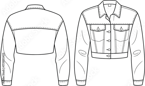 Front and back technical sketch of cropped denim jacket with long sleeves, flap pockets, button placket, fashion cad flat drawing