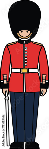 Cartoon British Queen’s Guard Vector, Royal Soldier Illustration with Bearskin Hat and Red Tunic