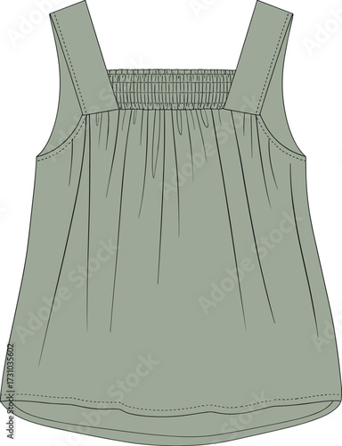 Girls smocked top flat sketch, sleeveless summer blouse, fashion vector template, front view design, loose fit children’s wear