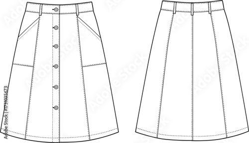 Front button skirt flat sketch, fashion cad drawing, technical vector template, design outline, front and back view illustration, apparel layout