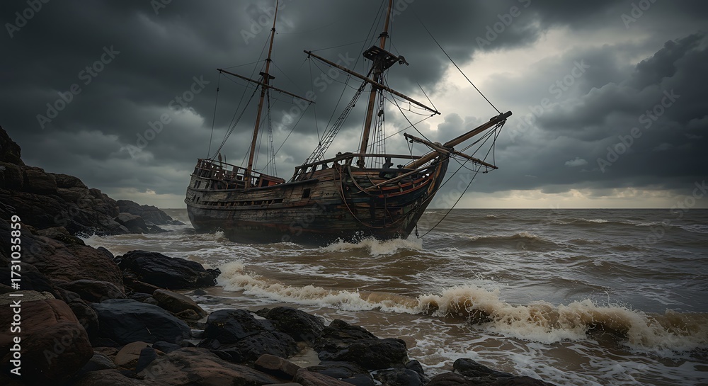 Obraz premium Dramatic image of a weathered sailing ship stranded on a rocky coastline