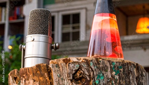 Podcast Microphone and Lava Lamp on Wooden Stump