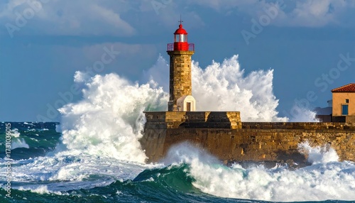 Crashing waves engulf stone lighthouse under cloudy skies