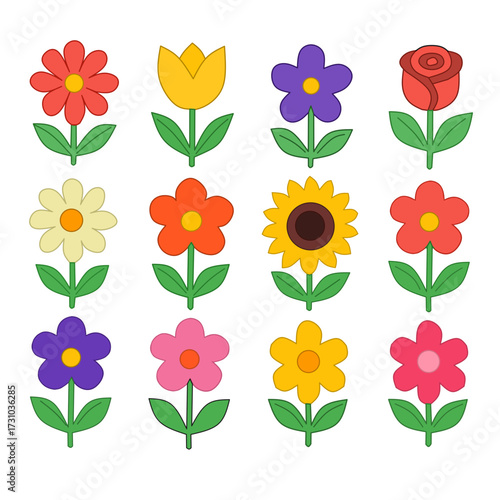 Colorful Cartoon Flower Collection on Black Background