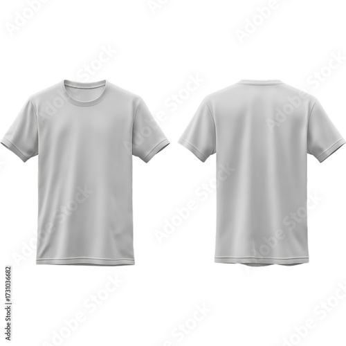 Blank, light gray t-shirt, front and back views. Isolated on White Background and Transparent PNG.