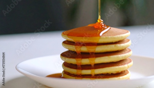 Pouring Syrup on Stack of Pancakes, Breakfast Food Photography