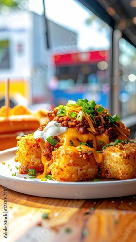 Wallpaper Mural Loaded tater tots with toppings on white plate, outside view Torontodigital.ca