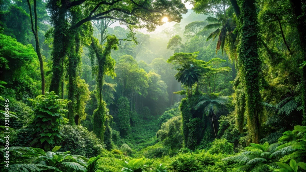 Fototapeta premium Dense foliage of Lush forest with vibrant greenery and diverse wildlife amidst tall trees and winding vines , vines, plants