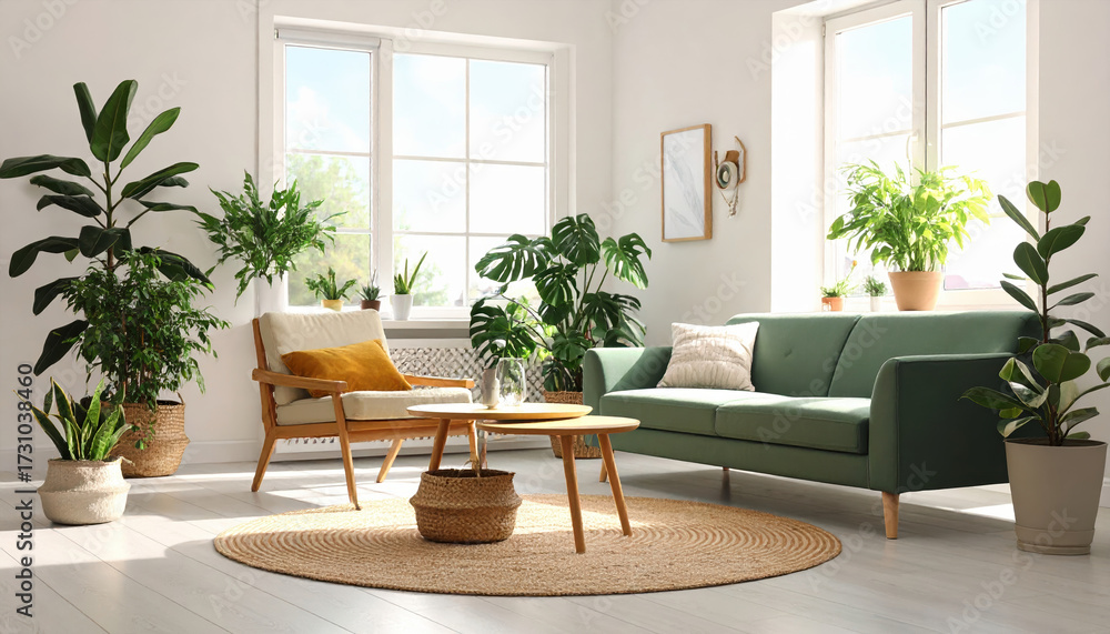 Fototapeta premium Modern living room with green sofa, wooden chair, round rug, and abundant indoor plants creating bright and cozy atmosphere with natural light from large windows