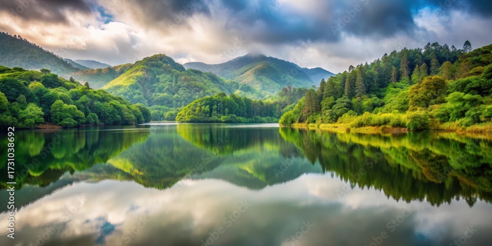 Fototapeta premium A tranquil volcanic lake reflects the surrounding landscape of lush hills and dense forest, creating a serene atmosphere with soft light and muted earthy tones , soft focus, peaceful volcanic lake