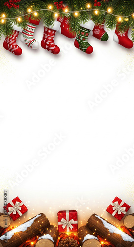 Festive holiday frame featuring vibrant Christmas stockings on a garland and cozy fireplace elements with gift boxes, ideal for customized seasonal greetings