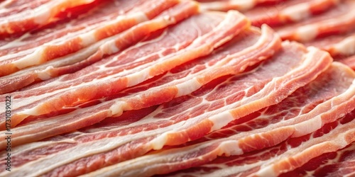 Close-up of raw pork bacon slices with a subtle sheen and delicate texture , cuisine, delicacy,  cuisine, delicacy, food, savory