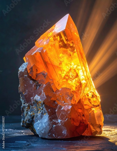 Luminous amber crystal atop rock