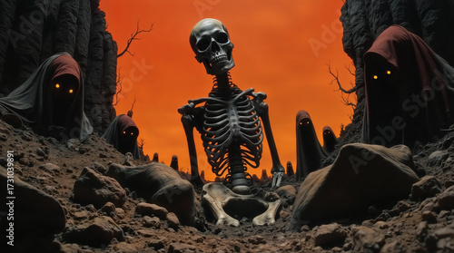 a surreal, dark landscape with a central skeleton sitting on the ground. Surrounding the skeleton are hooded figures with glowing eyes, and the scene is set against an orange sky. Th