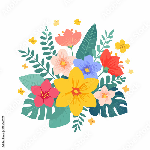 Colorful Floral Arrangement with Tropical Leaves Isolated on White Background