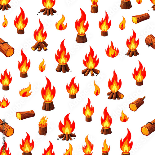 Pixelated campfires and logs on a dark backdrop