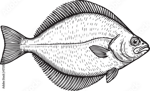 Black and white linocut etching of flounder fish in profile showing flat body and fins for seafood culinary design and marine biology illustrations