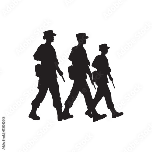 Walking troops silhouette. Silhouette of three soldiers marching, unity, patrol, force.