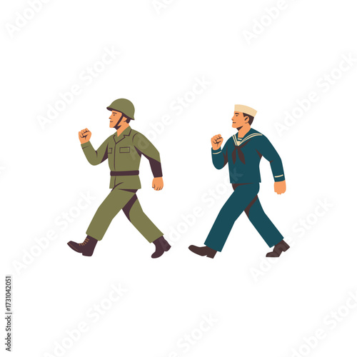 Marching soldiers illustration. Two soldiers walking in uniform, march, military, teamwork.