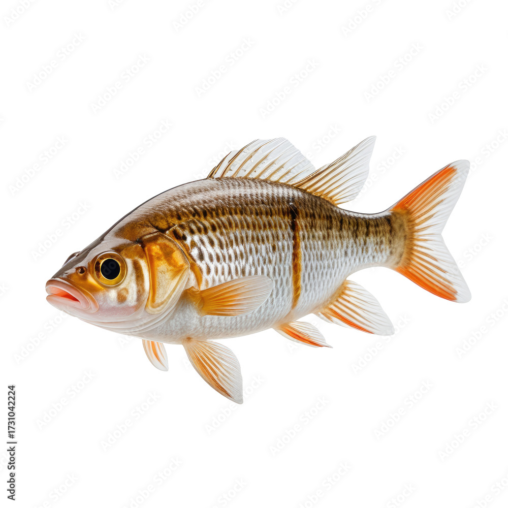 Fototapeta premium Side view of a striped fish with orange fins, scales, and eye, on a black background