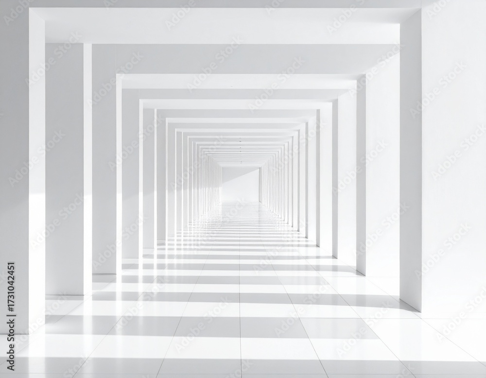 Obraz premium Symmetrical white corridor with infinite vanishing point and soft shadows.