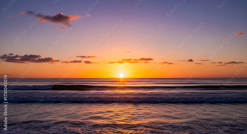Fototapeta premium Golden Hour Horizon: The sun dips gracefully towards the horizon, painting the sky with fiery hues, while gentle waves caress the shoreline, evoking a sense of tranquility and wonder.