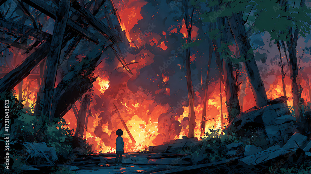 Obraz premium Fantasy Anime Manga Forest on Fire – Intense Illustration