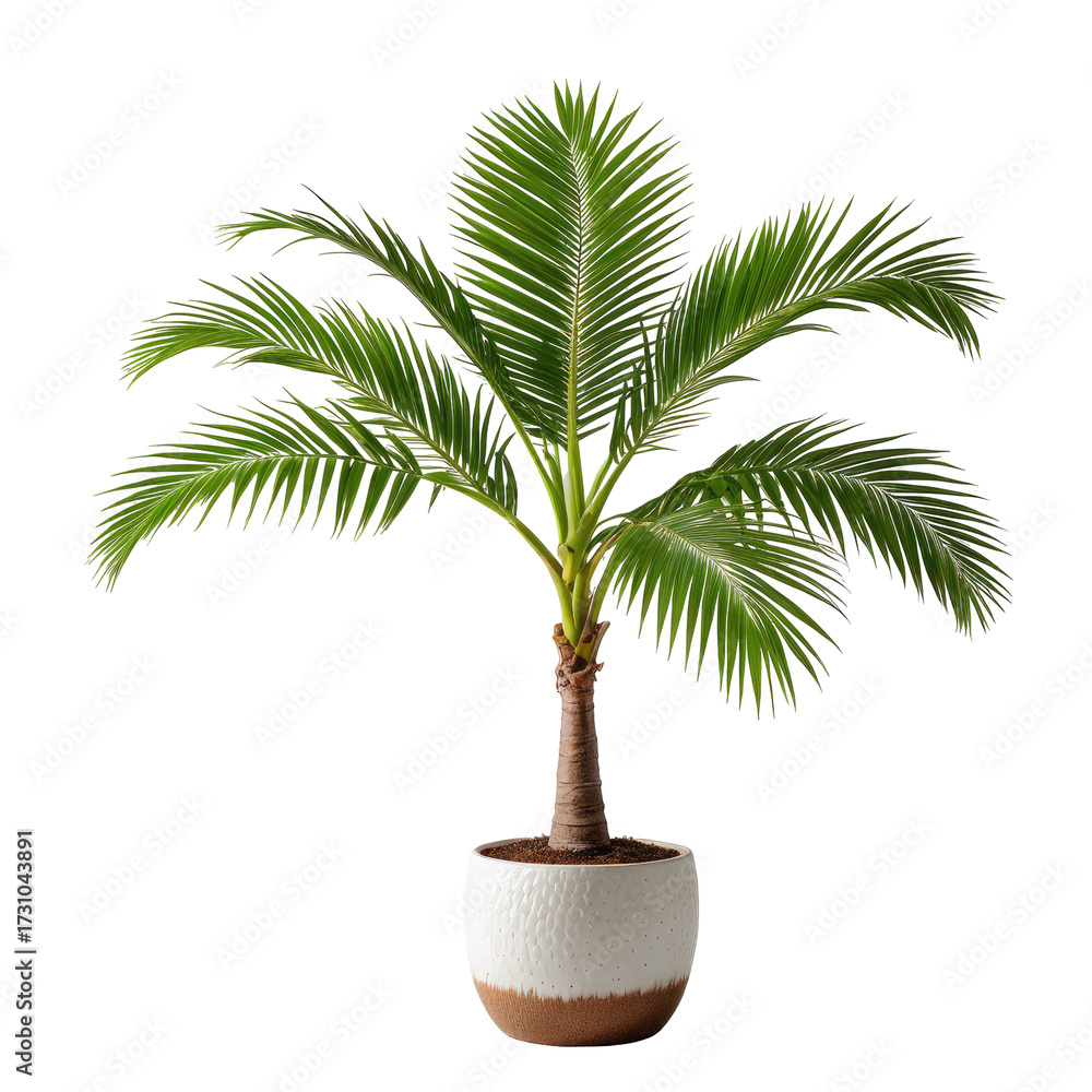 Obraz premium Small palm tree in white & brown pot against black backdrop. Lush green leaves, brown trunk