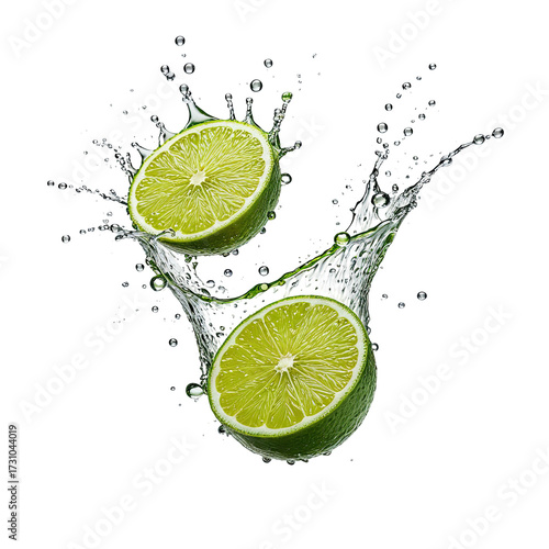 Lime halves in water, splashing, vibrant, isolated on black background