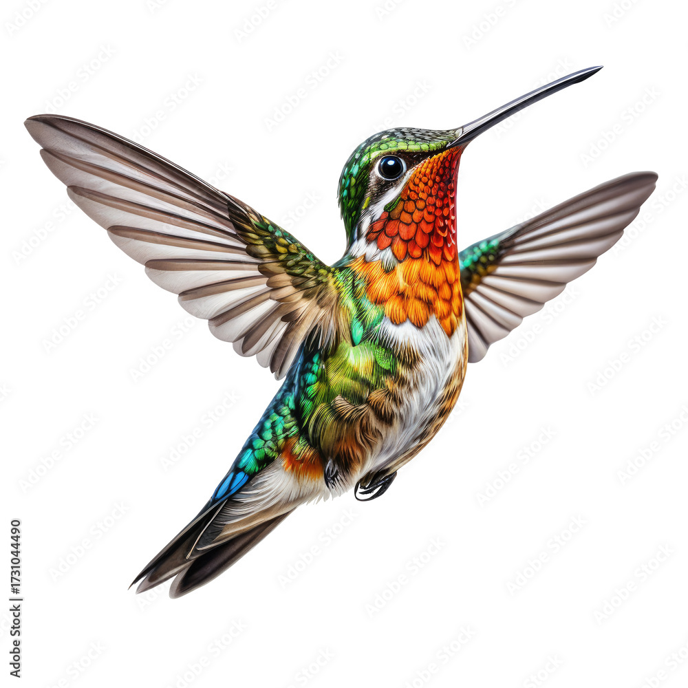 Obraz premium Detailed close-up of a colorful hummingbird in flight with wings spread, black background