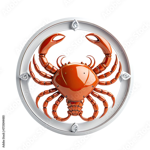 Shiny orange crab zodiac symbol within a silver circular frame