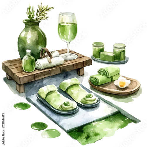 Korean Mud Therapy, watercolor drawing vector, isolated on a white background.