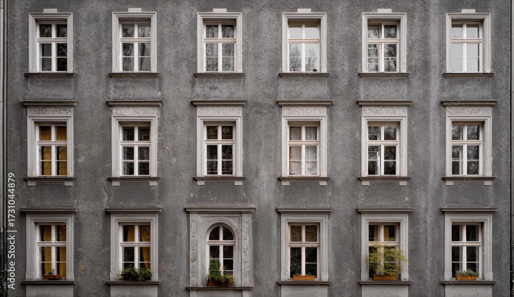 Obraz premium Grey building facade with numerous evenly spaced windows