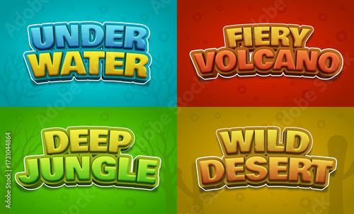 Editable 4 ecosystem text effects - Under water, fiery volcano, deep jungle, wild desert, nature typography bundle