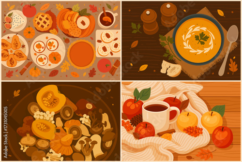 Autumn foods, pumpkin pie, soup, seasonal fruits, hot drink, apples, tea, mushrooms, squash. Traditional harvest of rustic fall season. Cozy fall still life, seasonal vegetables and coffee wallpaper.