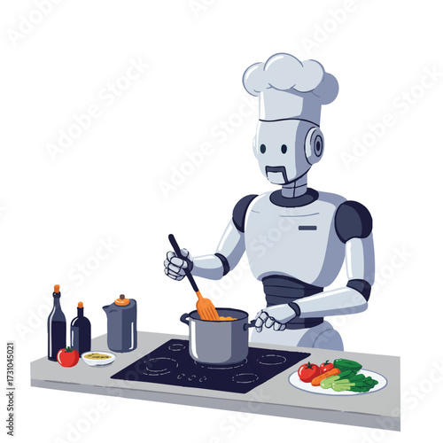 A diligent robot chef stirs a pot with fresh vegetables on a sleek induction stove in a vibrant modern kitchen, presented as a 2D flat vector illustration.