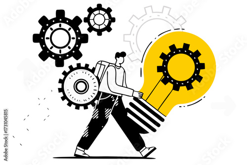 Person Carrying Idea Light Bulb with Gears Vector Illustration

