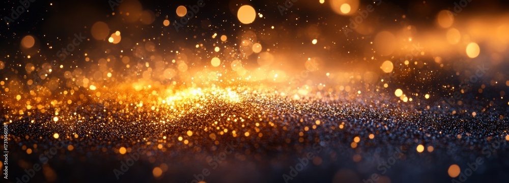 Fototapeta premium Golden dust glimmers softly under a warm light, creating a mesmerizing display. The shimmering particles dance in the gentle glow, evoking a sense of elegance and tranquility in the air