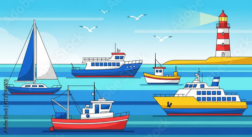 Illustration of a seascape with various boats including a sailboat and a lighthouse under a bright sky view