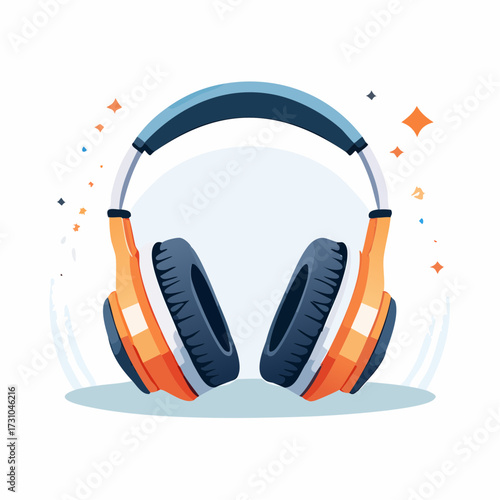 Stylized Illustration of Orange and Blue Headphones Isolated on White Background with Sparkling Effects