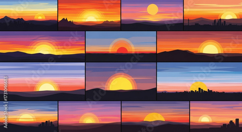 Collection of fifteen sunset landscapes featuring a bright sun over various terrains and cityscapes views