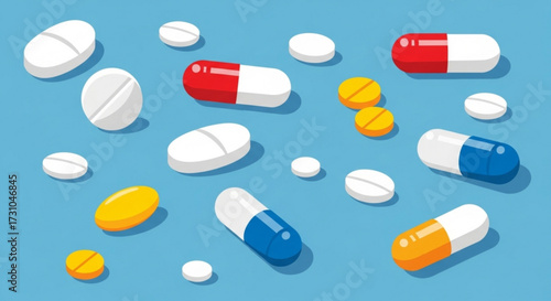Illustration of various pills and capsules scattered on a light blue surface in a flat lay style