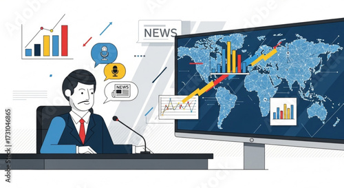 A news anchor presenting global financial data with charts and world map on a screen behind him live on tv