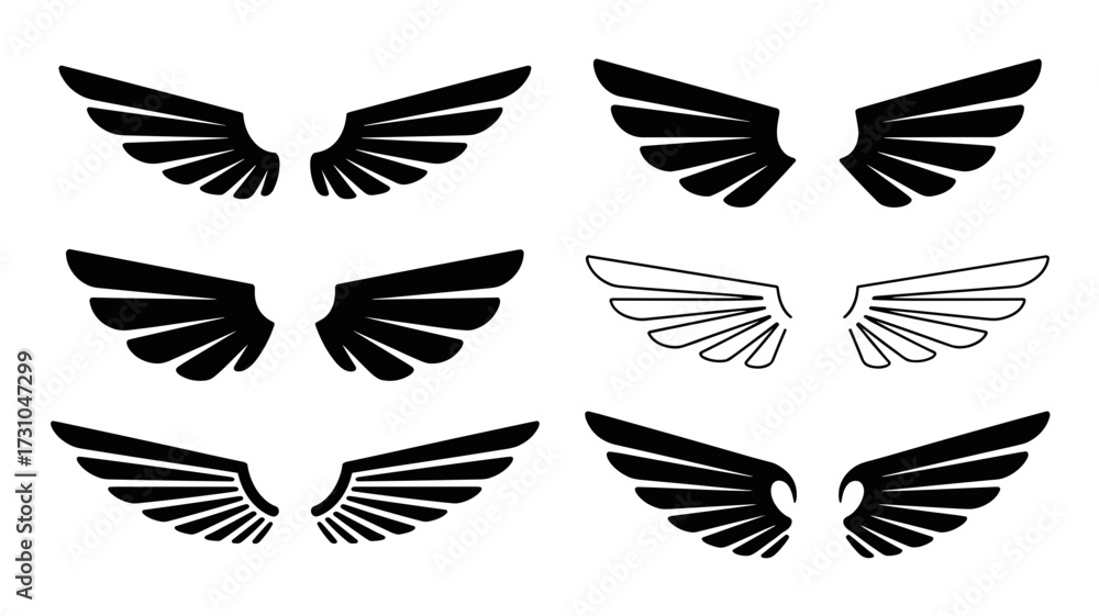 Fototapeta premium Set of black and white stylized wing designs in silhouette and outline style 