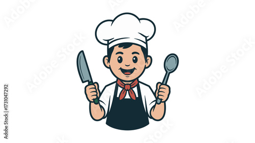 Smiling cartoon chef boy holding knife and spoon wearing uniform and hat
