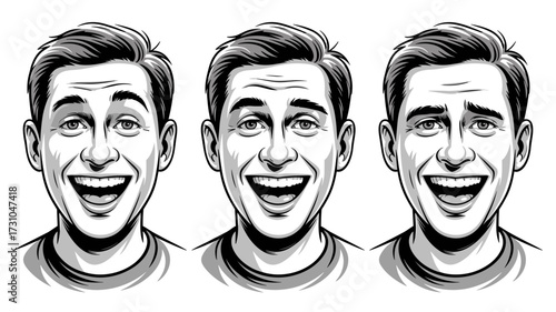 Vector illustration of smiling man in comic art style with three expressive portrait variations
