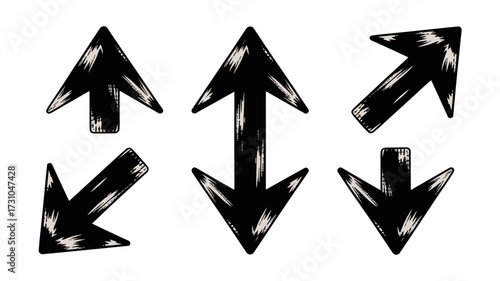 Grunge vector illustration of directional arrows with rough brush stroke texture
