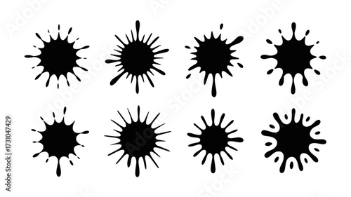 Black silhouette illustration of eight different ink splashes with irregular shapes and dynamic burst styles
