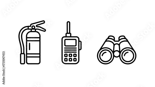Line vector illustration of fire extinguisher, walkie talkie and binoculars icons in black outline
