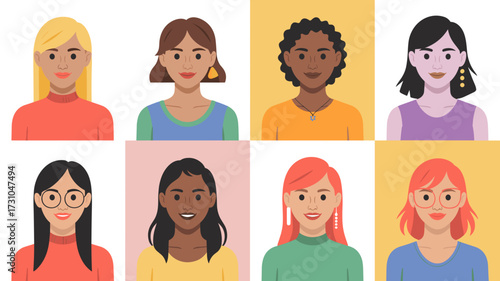 Flat vector illustration of diverse women portraits with different hairstyles, accessories and expressions
